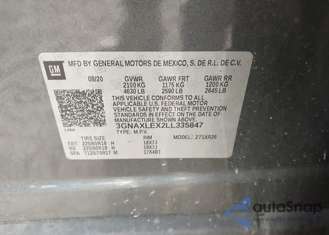 2020 Chevrolet Equinox Fwd Lt 2.0L Turbo из США, поврежденный, VIN 3GNAXLEX2LL335847